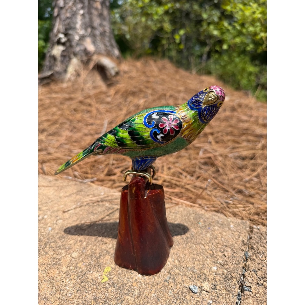 Vintage Chinese Cloisonne Parrot Bird Figurine Enamel Brass on Wood Stand Perch